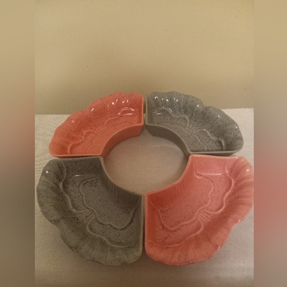 Vtg  Glazed California Pottery Lazy Susan 4 Piece Pink Gray Speckled - Picture 1 of 5
